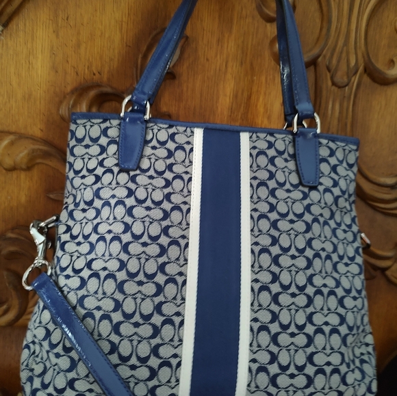 Coach 27024 Signature Stripe Foldover Crossbody Hangbag Navy - Picture 8 of 8